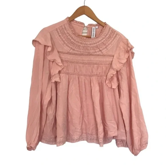 Grace + Karma ruffle crochet babydoll bohemian shirt size L loose fit pink - Picture 2 of 11